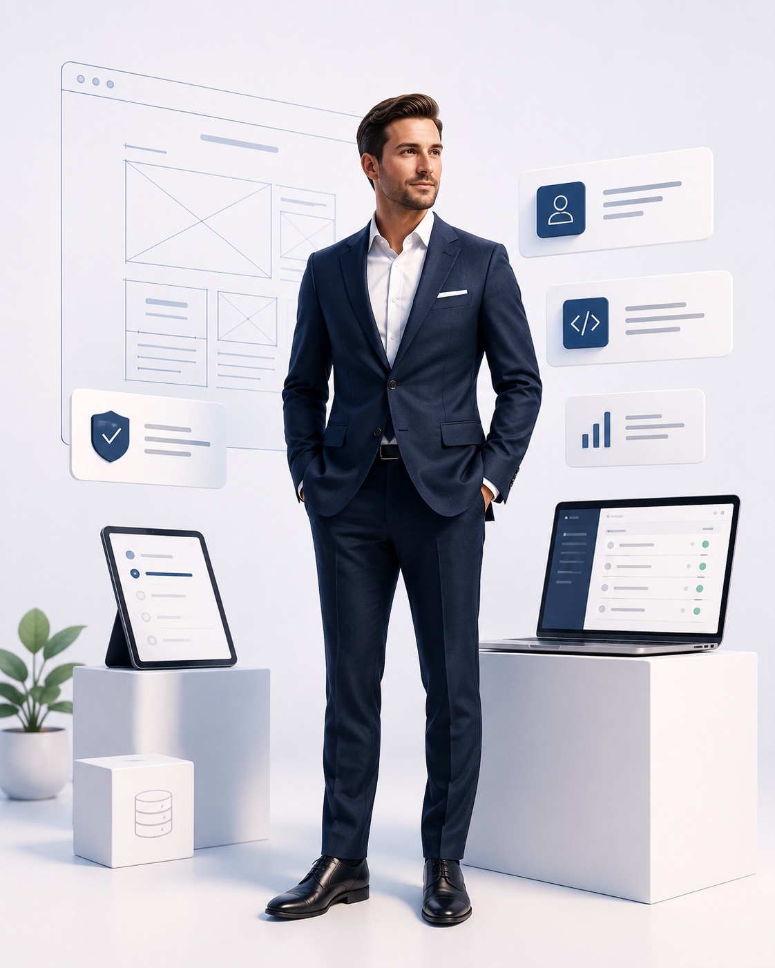 A suited professional surrounded by clean software interface panels, representing custom software tailored to a business.