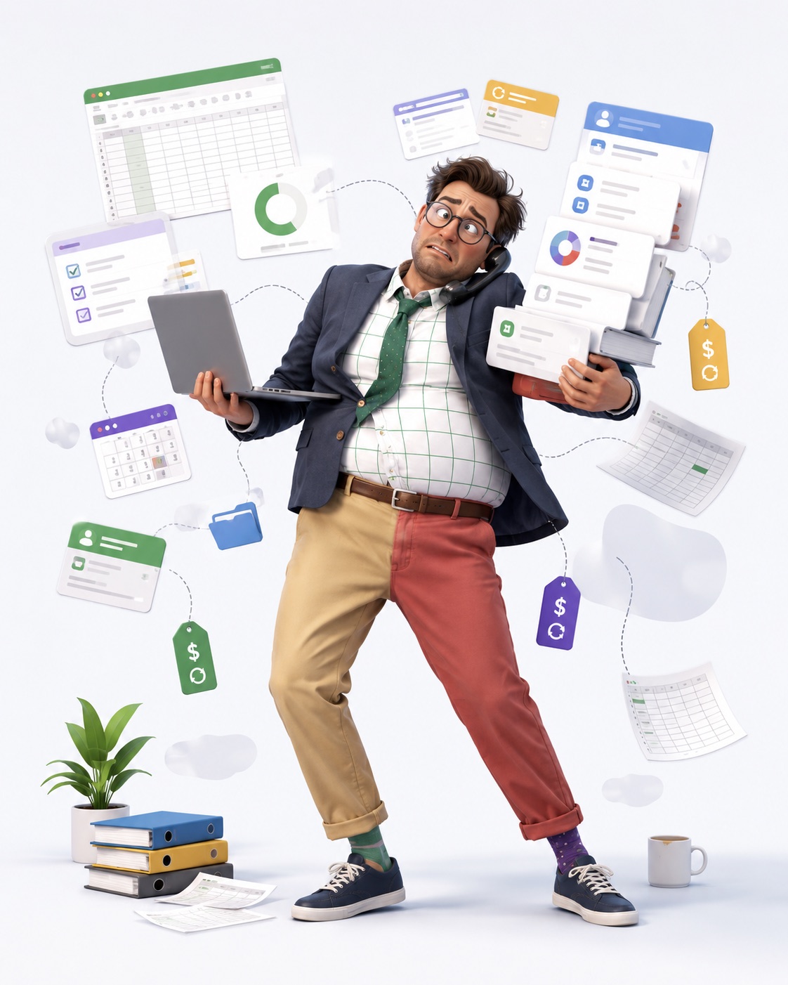 A professional juggling disconnected software tools and spreadsheets, representing off-the-shelf systems that do not quite fit together.